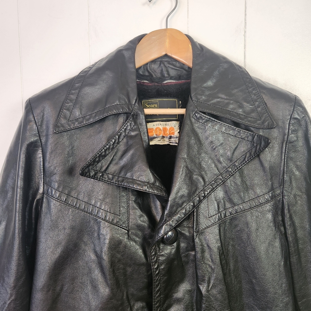 Vintage 1970s Long Black Leather Coat Jacket Mens size Medium Faux Fur Winter - Picture 3 of 16
